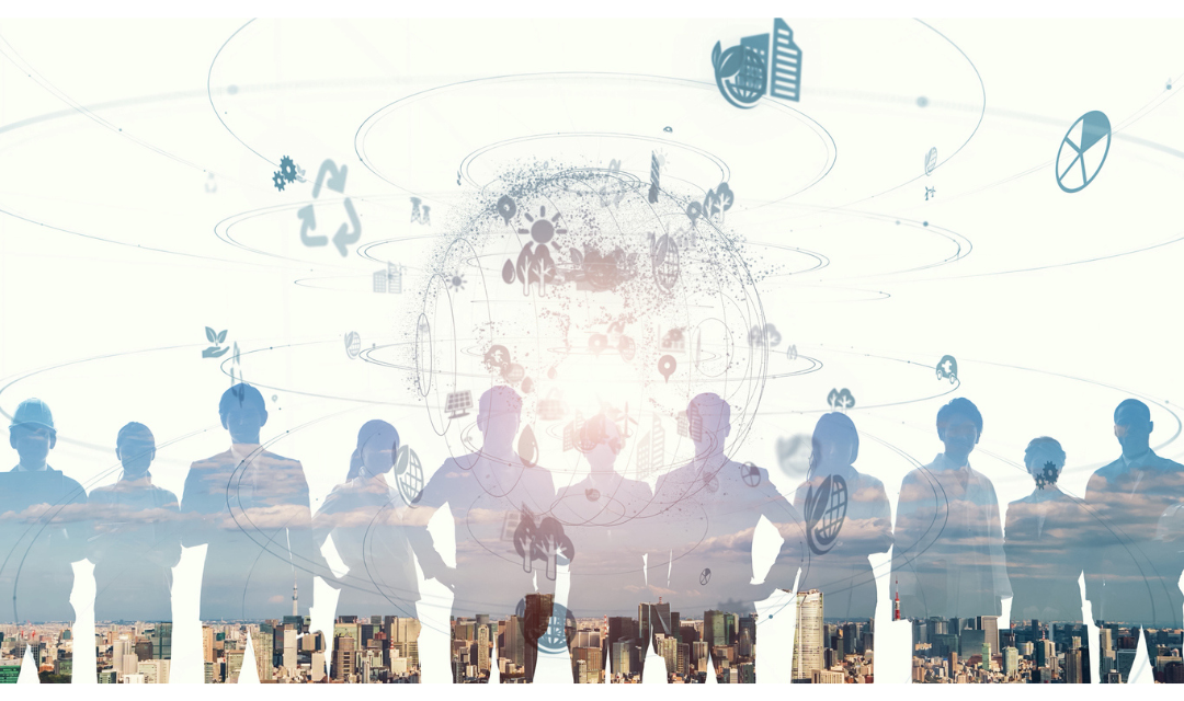 graphic of people with floating symbols representing policy